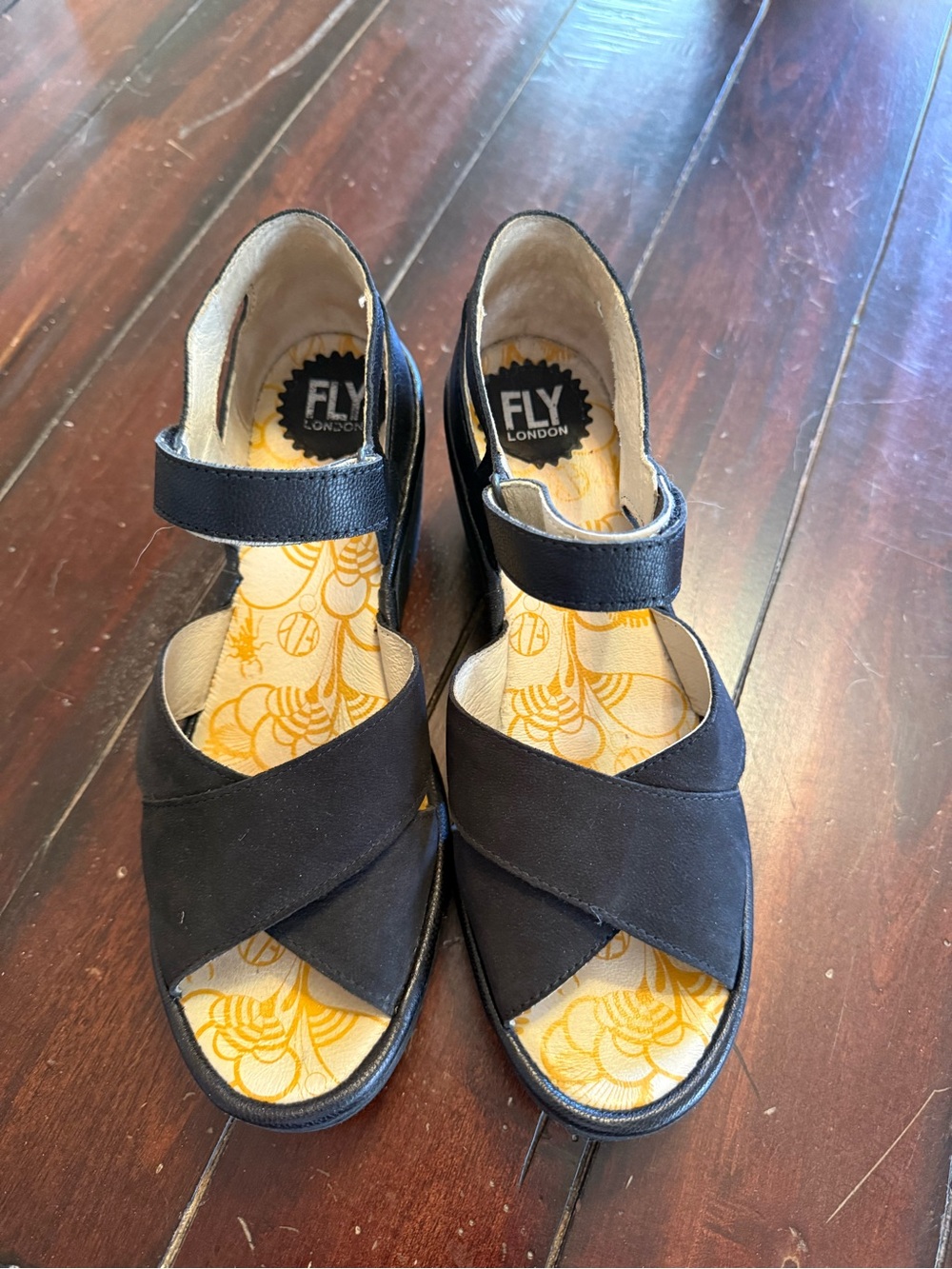 FLY London Black Crisscross Wedge Sandals EU 40 US 9–9.5